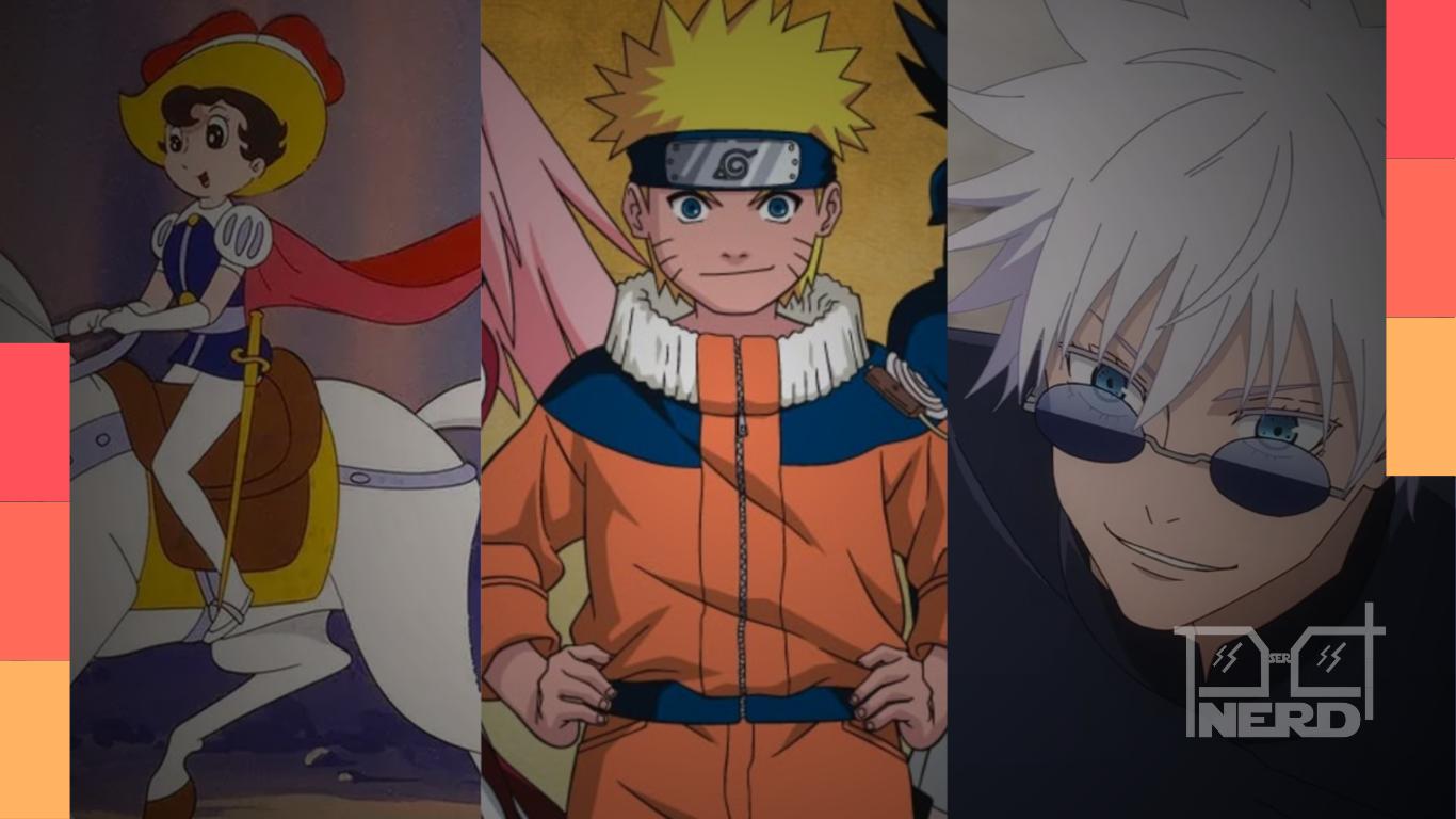 Ilustração com personagens clássicos de anime e símbolos de dublagem, eventos e streaming representando a evolução do anime no Brasil