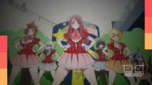 Ilustração com destaque para idols em animes: palco, microfones e cores vibrantes