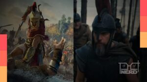 Gráfico e cenário de Assassins Creed Odyssey ao lado de A Odisseia, destacando aumento de 90% de jogadores ativos