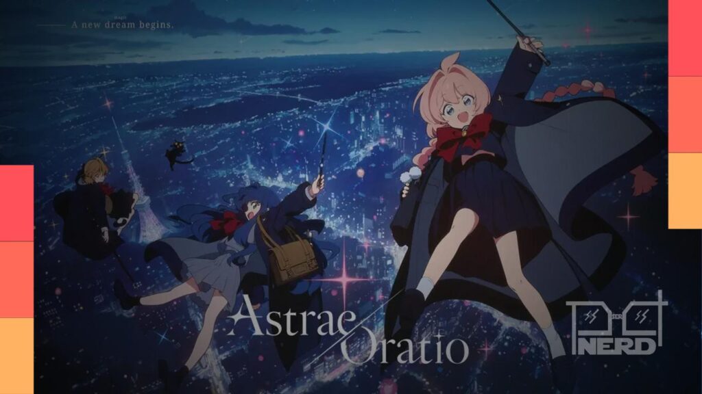 Ilustração estilizada de Astrae Oratio com elementos de magia e design de personagens, anunciando livro de arte oficial no Comiket
