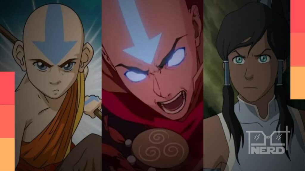 Ilustração do elenco de Avatar adulto com Aang, Katara, Sokka, Toph e Zuko anos após Ozai