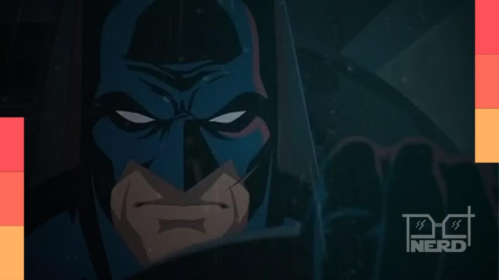 Batman em cena sombria ao lado de Bane em Gotham, com destaque para Batman: Knightfall Parte 1 e a data de estreia
