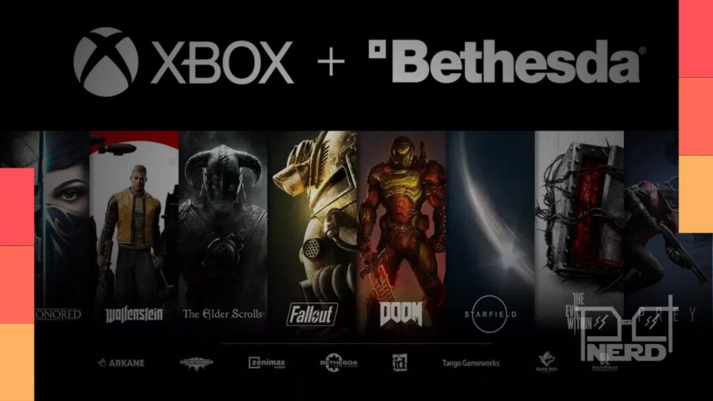 Ilustração de Bethesda e Xbox com foco em franquias após cortes de 3.200 empregos