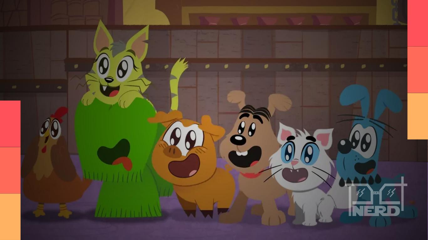 Personagens da série animada Biduzidos com os pets da Turma da Mônica e destaque para a renovação da 3ª temporada