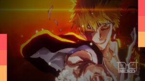 Ilustração de Bleach: Thousand-Year Blood War com símbolo de Quincys e Shinigamis e tela do Disney+ ao fundo