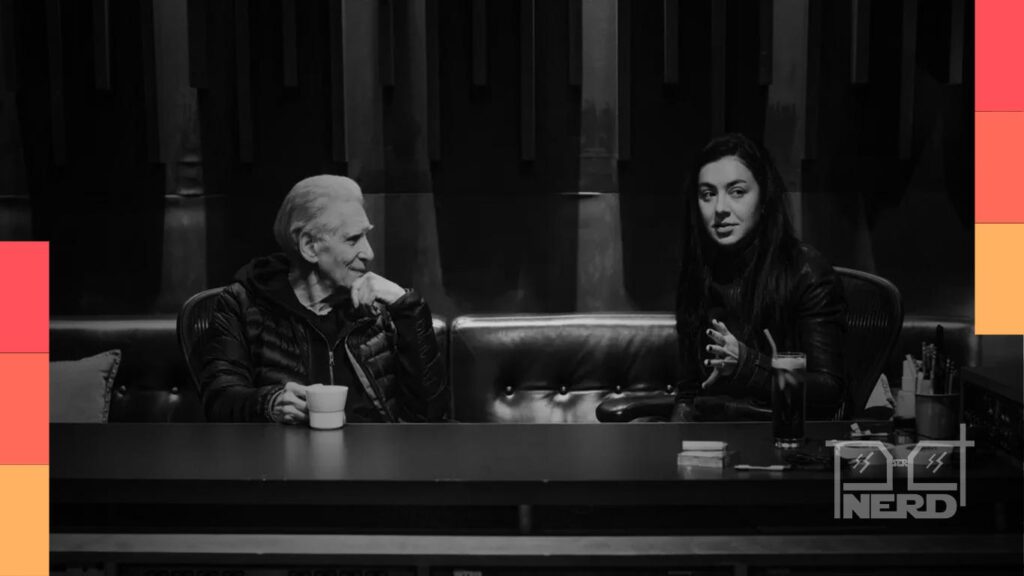 Charli XCX em foto promocional e destaque para a tracklist do álbum Music, Fashion, Film com dueto com David Cronenberg