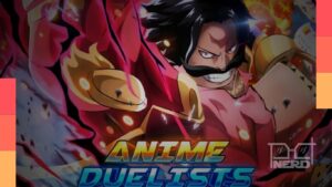 Ilustração de estilo anime no Roblox com destaque para códigos e ícones de gemas e boosts em Anime Duelists.