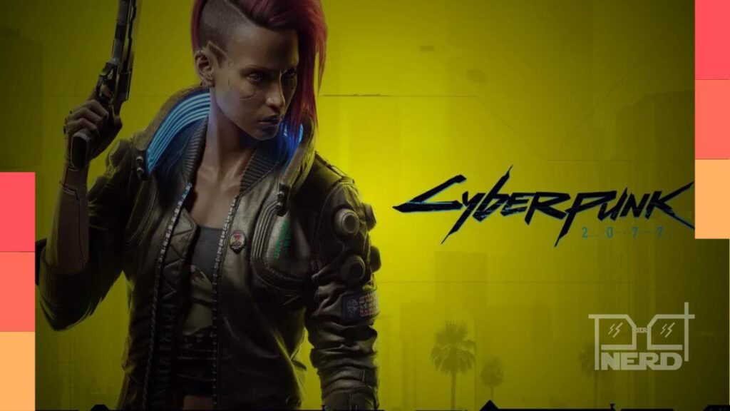 Ilustração cyberpunk com a placa Night City e o logotipo de Cyberpunk 2077 ao fundo