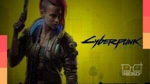 Ilustração cyberpunk com a placa Night City e o logotipo de Cyberpunk 2077 ao fundo
