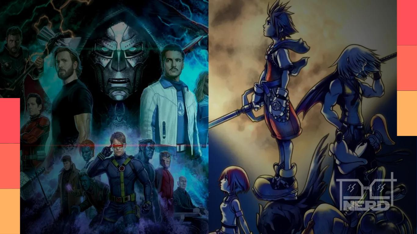 Ilustração representando Kingdom Hearts e o universo Marvel em painéis da D23 2026