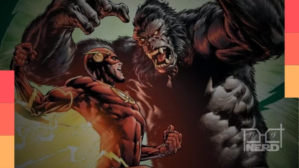 Ilustração do personagem Jimmy Olsen em estilo DC, com menção a Gorila Grodd ao fundo