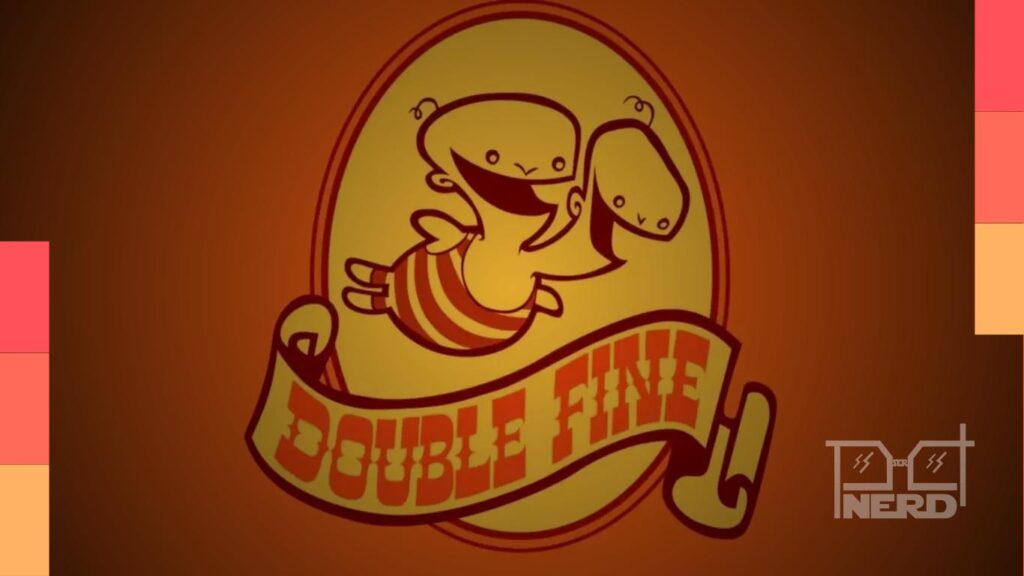 Ilustração de trabalhadores do estúdio com logotipo da Double Fine e aviso de demissões em contexto de games