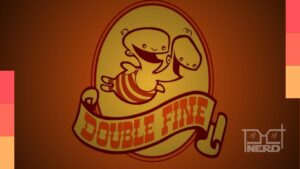 Ilustração de trabalhadores do estúdio com logotipo da Double Fine e aviso de demissões em contexto de games