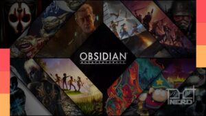 Ilustração de um estúdio de jogos com logotipo genérico e cenário de demissão no Xbox/Obsidian