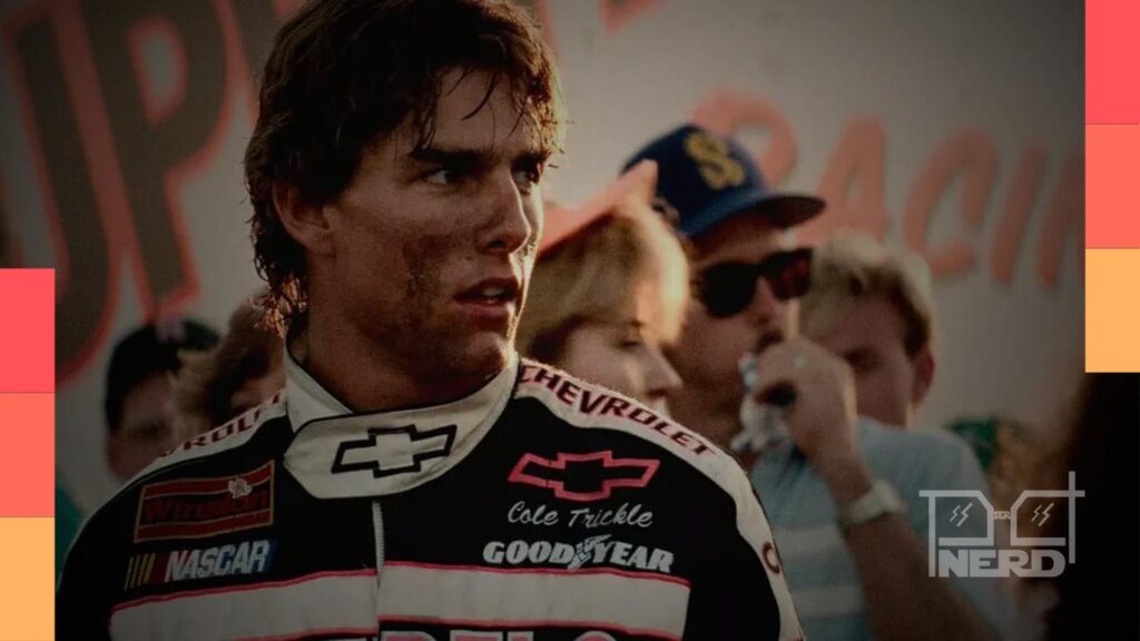 Tom Cruise como Cole Trickle em Dias de Trovão, com referência à NASCAR para anunciar Dias de Trovão 2 em desenvolvimento