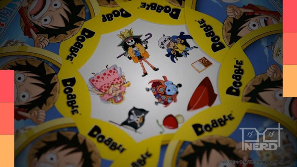 Capa do Dobble One Piece com personagens e símbolos icônicos de One Piece nas cartas