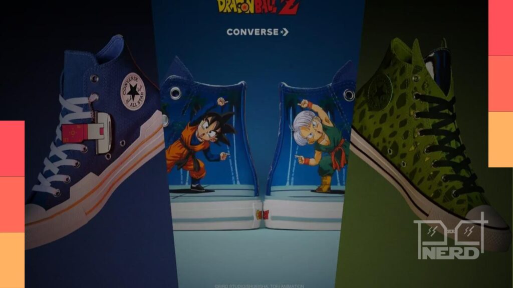 Ilustração de calçados e roupas inspirados em Dragon Ball Z x Converse com referência a Cell e Vegeta