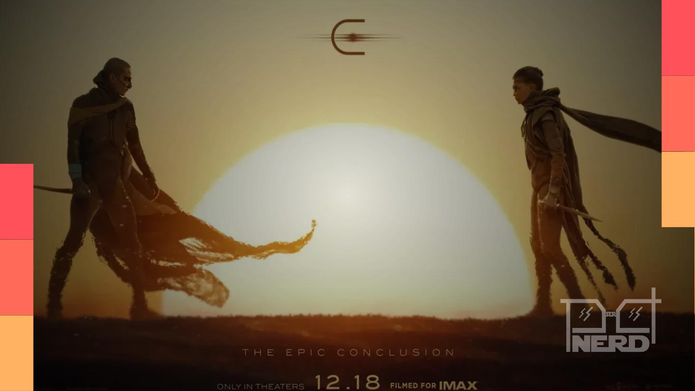 Pôster inédito de Duna: Parte 3 com Paul (Timothée Chalamet) e Chani (Zendaya) se encarando ao pôr do sol