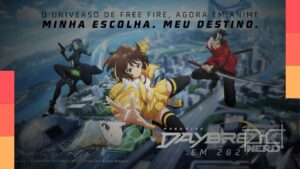 Arte principal do anime Free Fire Daybreak com Kelly ao lado de Hayato e Moco em Nova Alvorada