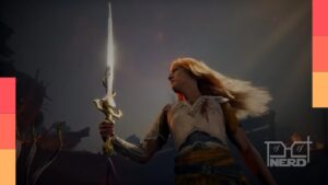 Foto ilustrativa com temática de God of War: Laufey mostrando disco de mídia física e o cenário do jogo
