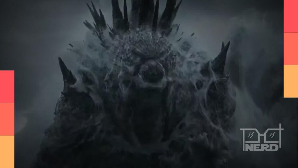 Ilustração do Godzilla em cena de destruição com destaque para o lançamento do trailer de Godzilla Minus Zero, com referência ao horário 10h55 no Brasil.