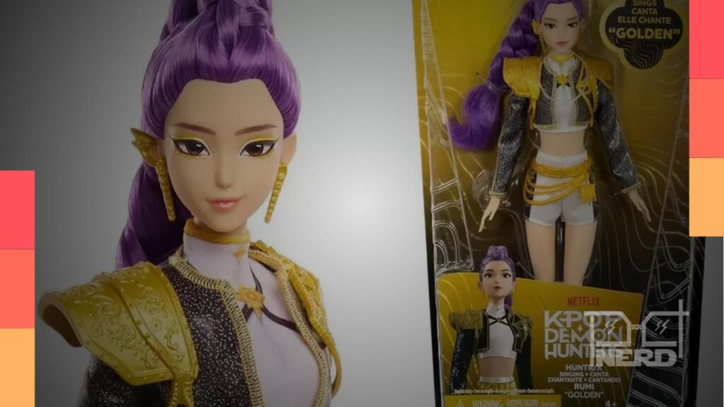 Bonecos licenciados das HUNTR/X de Guerreiras do K-Pop, da Mattel, cantando “Golden” em figurinos do filme