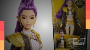 Bonecos licenciados das HUNTR/X de Guerreiras do K-Pop, da Mattel, cantando “Golden” em figurinos do filme