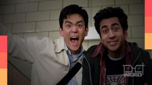 Capa com Harold e Kumar ao fundo e destaque para Harold & Kumar 4 com referência a hambúrgueres