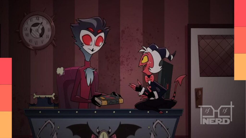 Imagem temática de Helluva Boss com Moxxie e Stolas em clima de curta-metragem no YouTube