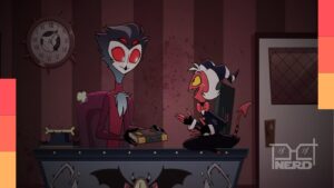 Imagem temática de Helluva Boss com Moxxie e Stolas em clima de curta-metragem no YouTube
