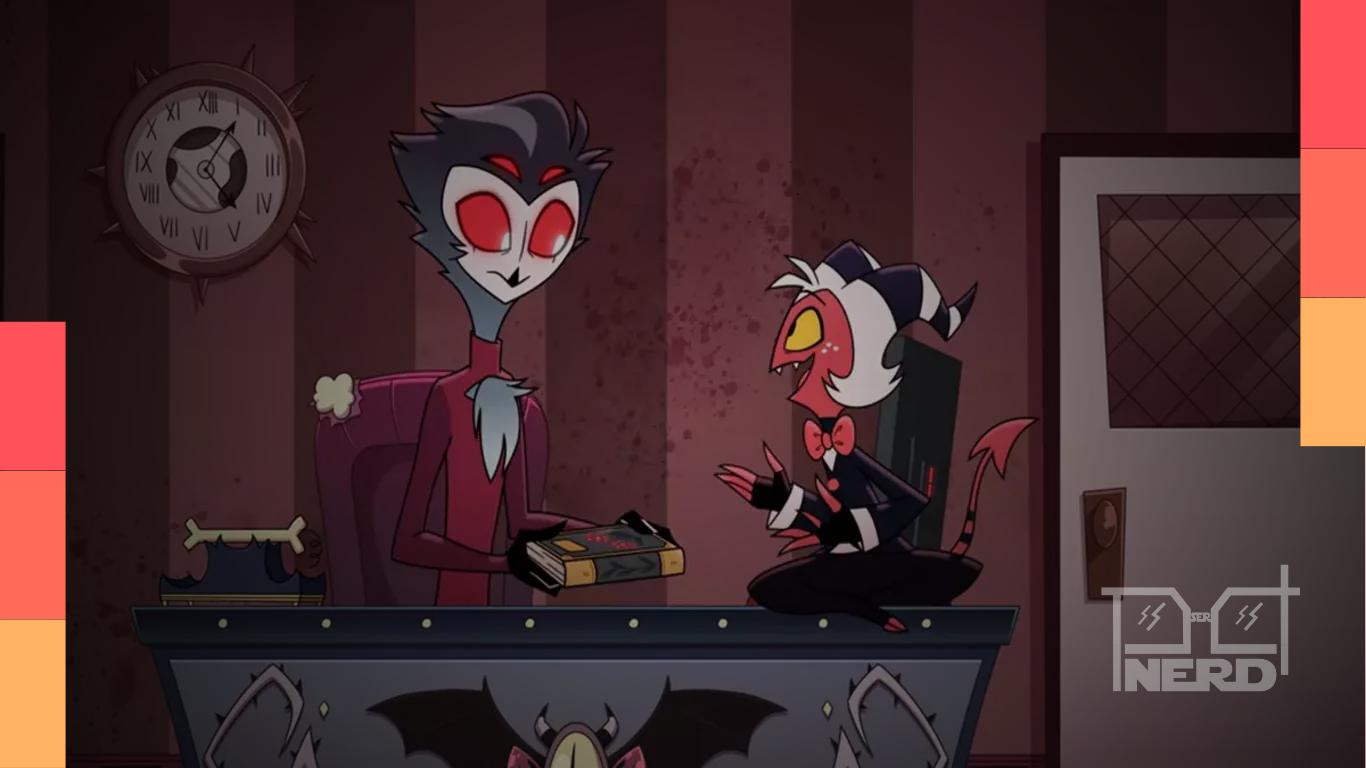 Imagem temática de Helluva Boss com Moxxie e Stolas em clima de curta-metragem no YouTube