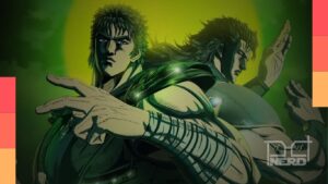 Pôster do segundo cour de Hokuto no Ken com Kenshiro e Rei em pose de batalha
