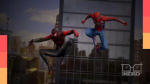 Cena de Homem-Aranha em movimento com teias, com referência aos jogos da Insomniac usada para coreografia de ação no filme