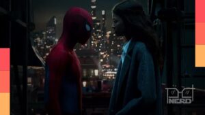 Peter Parker encarando MJ e Ned enquanto a trama do feitiço e da telepatia ameaça o reencontro