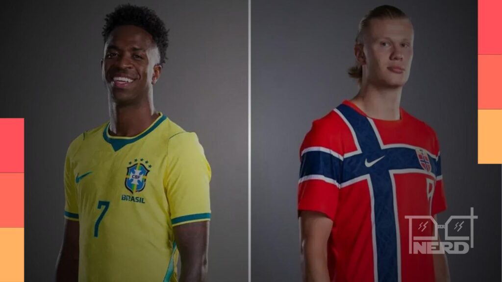Torcida do Brasil e um relógio indicando possível alteração no horário de Brasil x Noruega por clima nos Estados Unidos