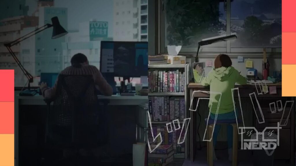 Cena do live-action de Look Back com o trailer destacando imagens recriadas da animação