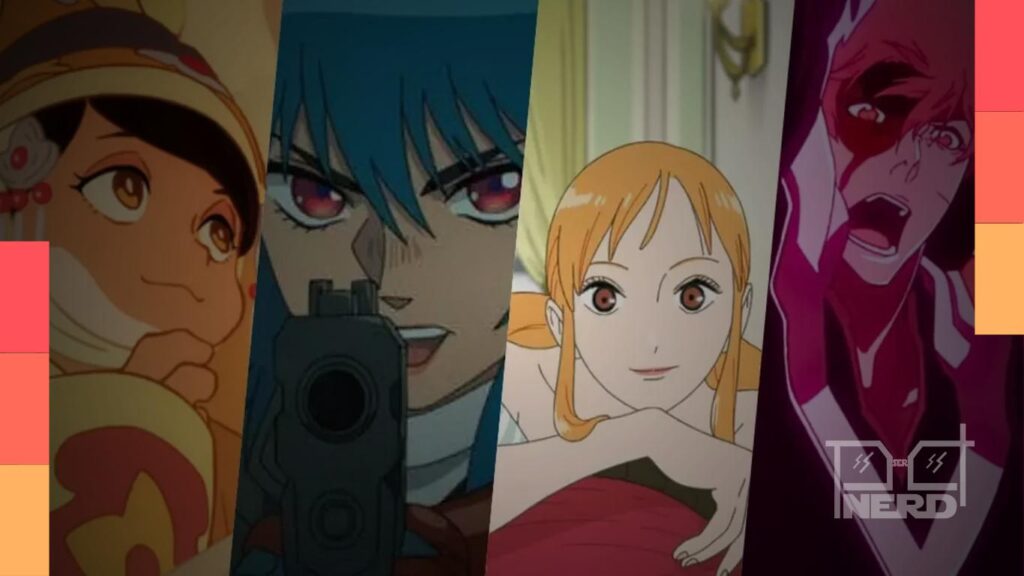 Pessoas animadas montando uma maratona de animes com destaques para Mushoku Tensei e One Piece Heroines e ícones de streaming