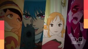Pessoas animadas montando uma maratona de animes com destaques para Mushoku Tensei e One Piece Heroines e ícones de streaming