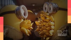 Imagem promocional de Minions & Monstros, com os Minions em cenário de aventura com monstros