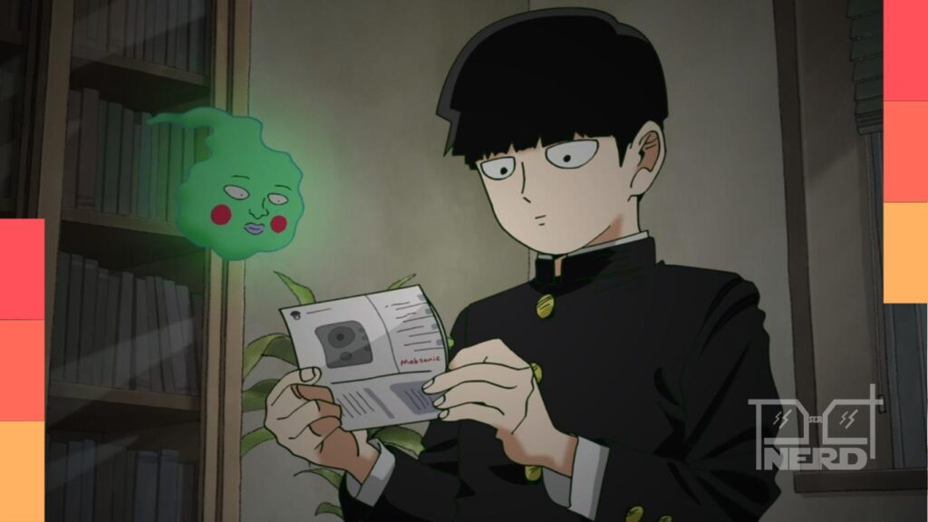 Cena do curta de Mob Psycho 100 com Arataka Reigen tentando instalar uma câmera de segurança por engano
