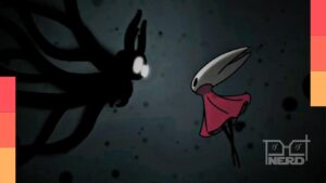 Ilustração temática de Hollow Knight: Silksoul com Hornet e mapa de Fiarlongo reconstruído com áreas cortadas
