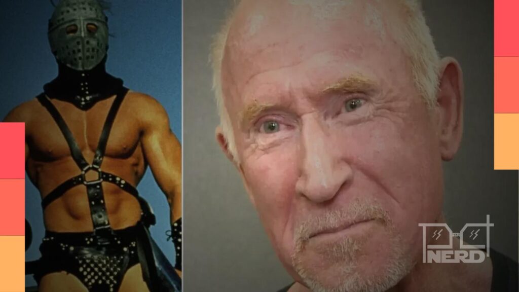 Kjell Nilsson, o Lord Humungus de Mad Max 2, com traje e postura de vilão mascarado