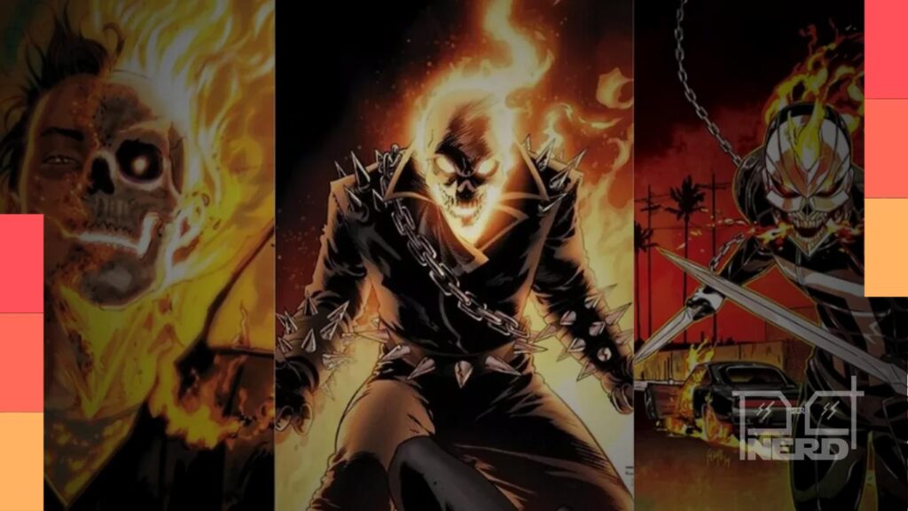 Ilustração do Motoqueiro Fantasma com Johnny Blaze, Danny Ketch e Robbie Reyes em clima infernal