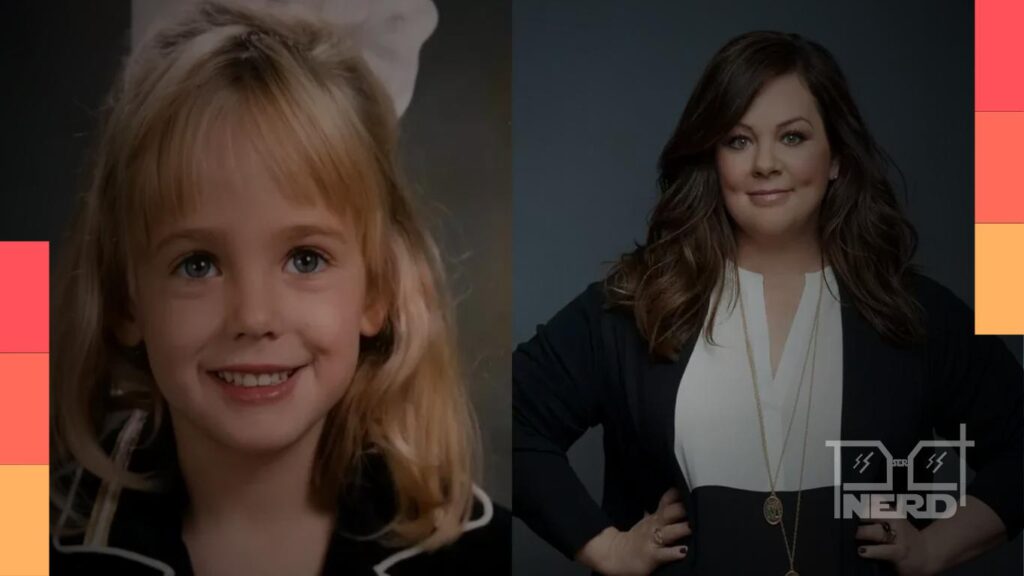 Ilustração de Netflix com personagens inspirados em Melissa McCarthy e Clive Owen ao lado de temática de true crime sobre JonBenét Ramsey