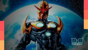 Ilustração do herói Nova com luz energética e referência ao escritor Michael Waldron e à estética do MCU