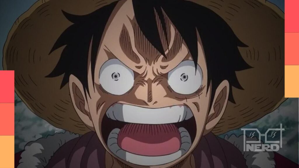 Ilustração de Luffy em Gear 5 enfrentando Nerona Imu, com Sanji ao fundo indicando pistas do Haki do Rei e cenas dos Cavaleiros Sagrados em Elbaf