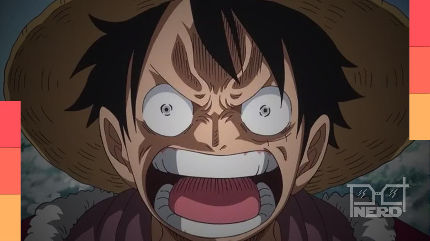 Ilustração de Luffy em Gear 5 enfrentando Nerona Imu, com Sanji ao fundo indicando pistas do Haki do Rei e cenas dos Cavaleiros Sagrados em Elbaf