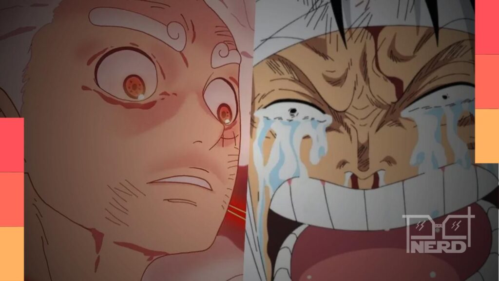 Ilustração do capítulo One Piece 1188 com Imu atacando Luffy com Vohu enquanto o Chapéu de Palha falha apesar de sua nova forma