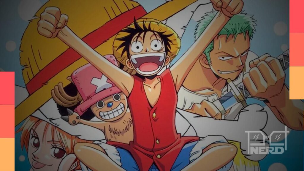 Cartaz com referência a One Piece anunciando lançamento especial nos cinemas brasileiros com dublagem em português dos três primeiros longas