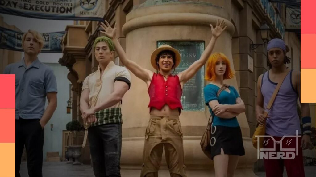 Personagens do live-action de One Piece, incluindo Luffy, em divulgação da série da Netflix